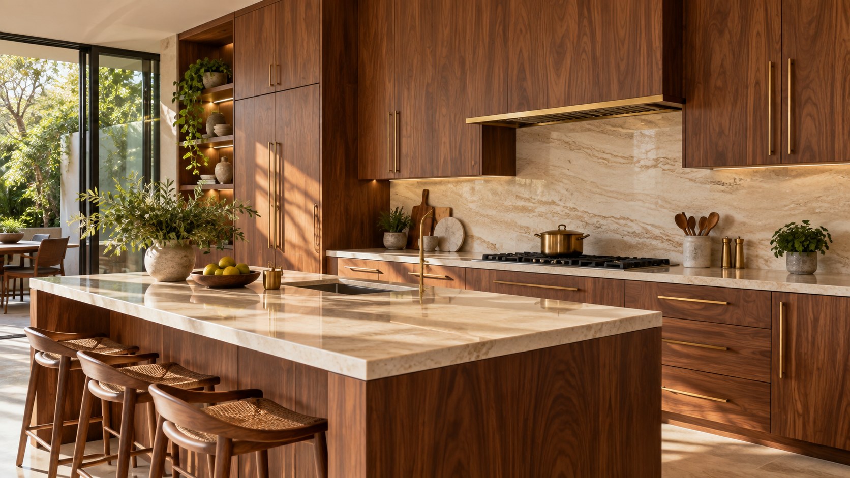 Warm walnut kitchen with brass cabinet hardware and natural stone surfaces